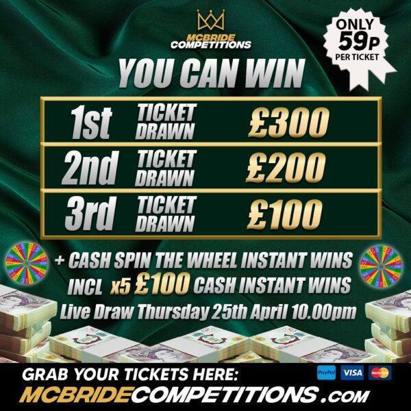 4 WAYS TO WIN FOR 59P!! £300, £200, £100 + INSTANT WINS!!